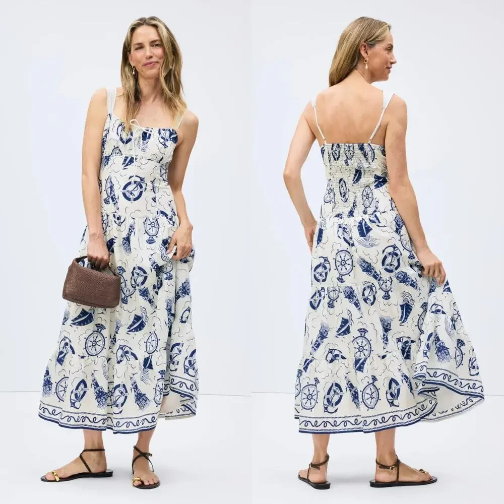 Moon River Dress Sailor Printed Sleeveless Tiered Midi A-Line Blue White Small